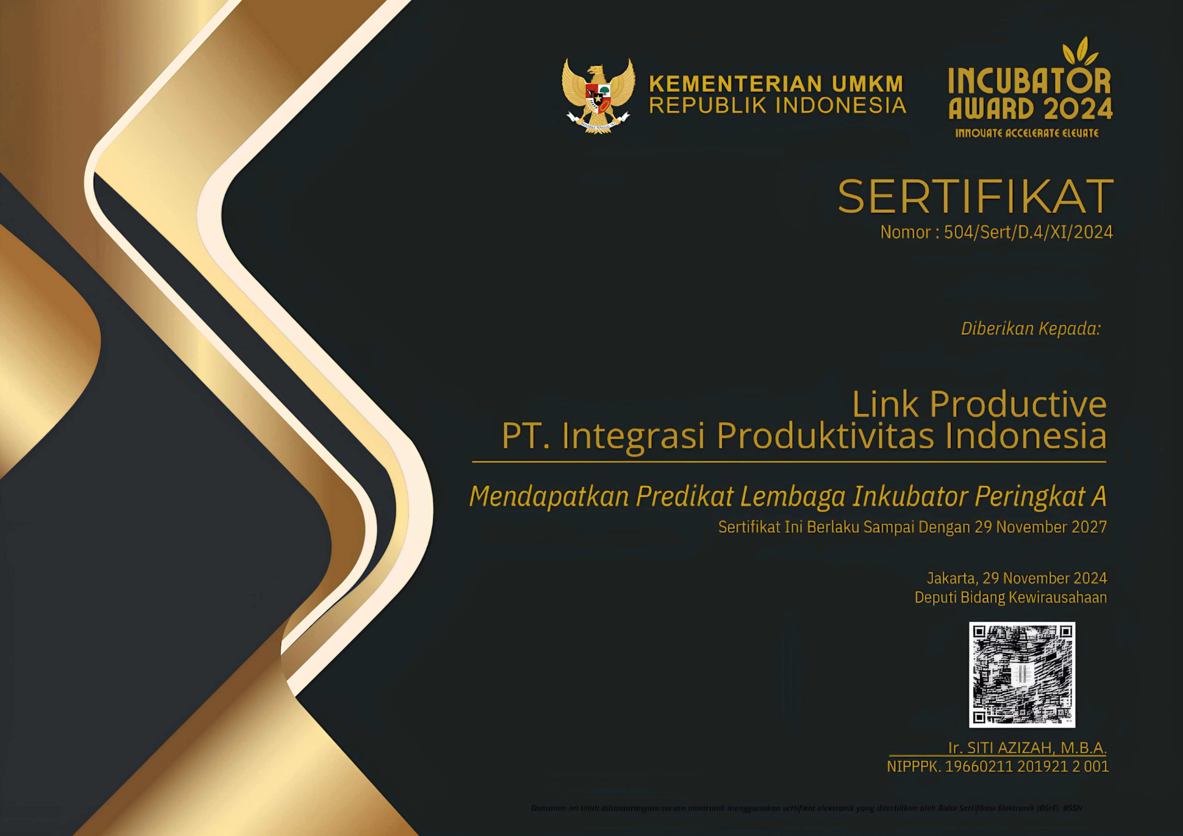 PERINGKAT A INKUBATOR BISNIS — Kementerian UMKM 2024